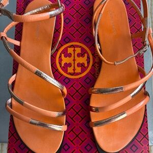 Tory Burch Orange with Gold Accents Sandals Elegant Crisscross Design